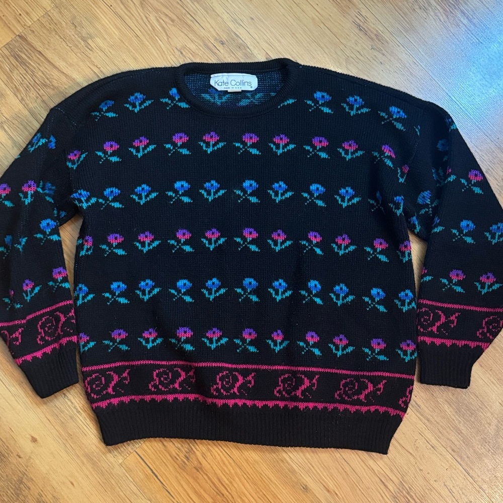 Kate Collins Flower Sweater Black Sz L